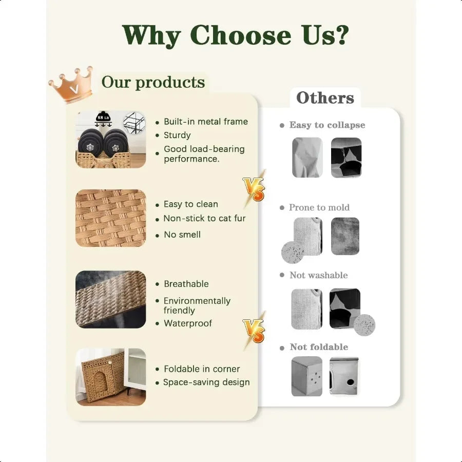 Cat Beds Indoor Kitten House Handwoven Rattan Cat Cave Pet Cube Large Cat Houses One Bed Mat Foldable Hideaway 16.5x16.5x13.2 I