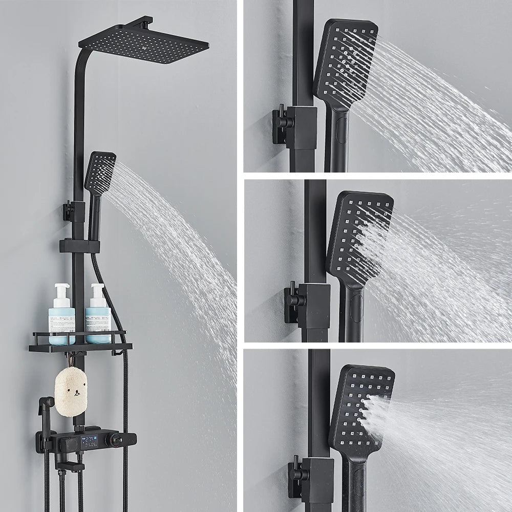 Black Digital Display Thermostatic Shower Faucet 4 Way