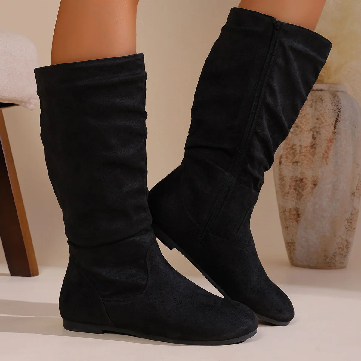 Women’s Mid-Calf Slouch Boots | Casual Flat Boots