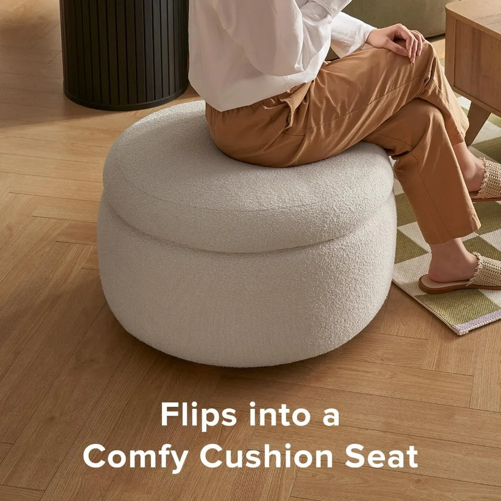 Luna Round Ottoman with Storage and Tray, Round Coffee Table with Storage, Upholstered Foot Stools Ottoman for Living Room, Bed
