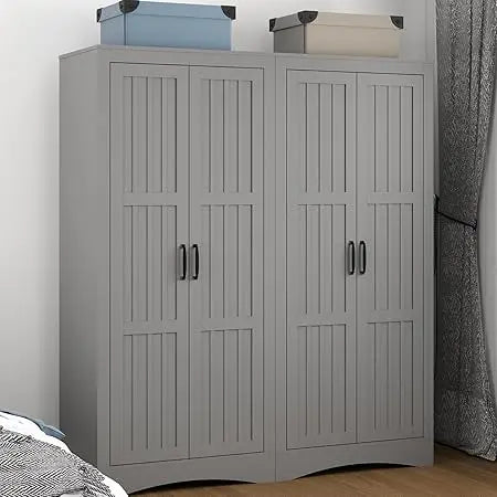 Wardrobe Closet with 4 Doors, Wooden Modern Freestanding Armoire with Shelves and Hanging Rod, Clothes Organizer Cabinet for Bed