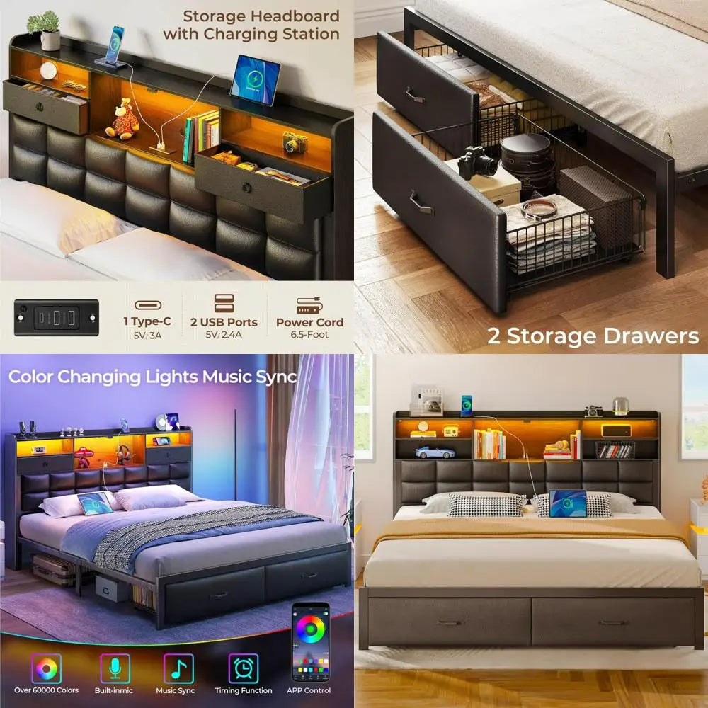 "king size upholstered bed frame with storage drawers, charging station, and led-illuminated headboard"