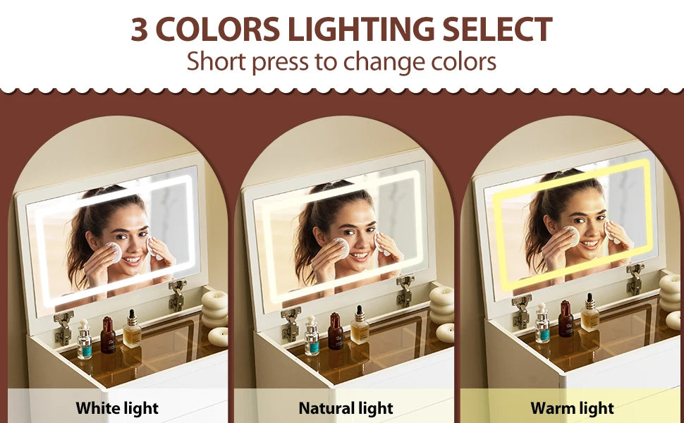 3-in-1 Dresser with Flip-Up Mirror and Light, Small Dresser Set with Visible Glass Tabletop, 3 Drawers, Storage Bench, 3-Color I