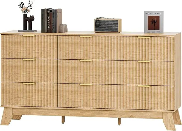 Fluted Dresser for Bedroom with 9 Drawers, 57" Nature Wood Dressers Chest of Drawers, Mid Century Modern Dresser TV Stand, Boho