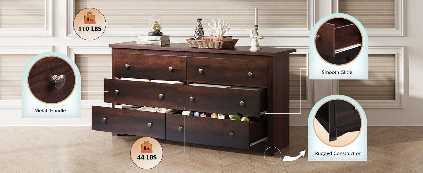Wood Dresser with 6 Drawer Wide Chest of Drawers for Bedroom Long Nightstand with Drawers Modern Large Storage Tower Unit Closet