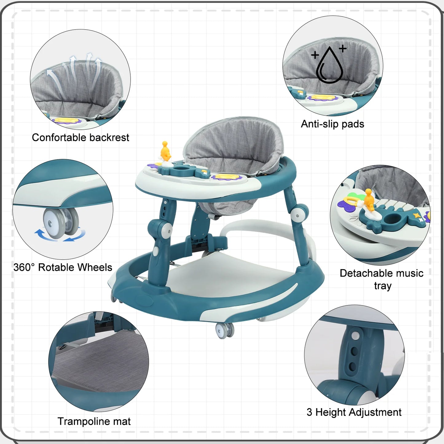 UBRAVOO Foldable Baby Walker with O-shaped legs & multi-function Rollover prevention, 6-18 Months, Adjustable Height, Music Toy