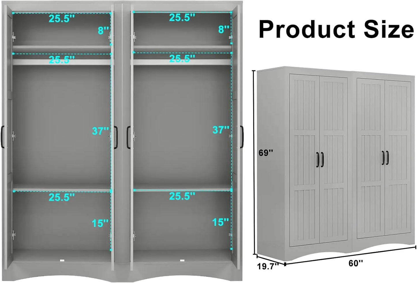 Wardrobe Closet with 4 Doors, Wooden Modern Freestanding Armoire with Shelves and Hanging Rod, Clothes Organizer Cabinet for Bed