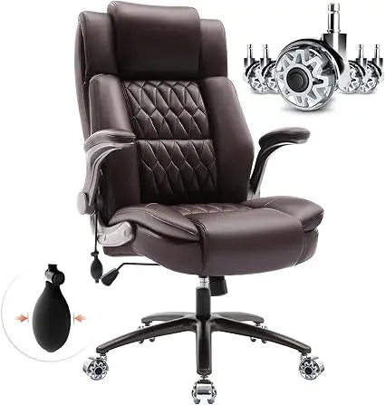 Large High Back Office Chair - Adjustable Lumbar Support Flip Up Arms Heavy Duty Quiet Wheels Metal Base Breathable Bonded Leath