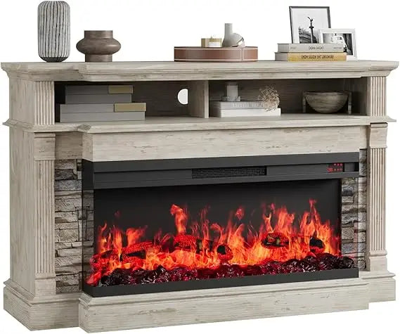 Fireplace TV Stand for TVs up to 65", Farmhouse 52"Fireplace Entertainment Center with 36" 3-Side Glass Electric Fireplace, TV C