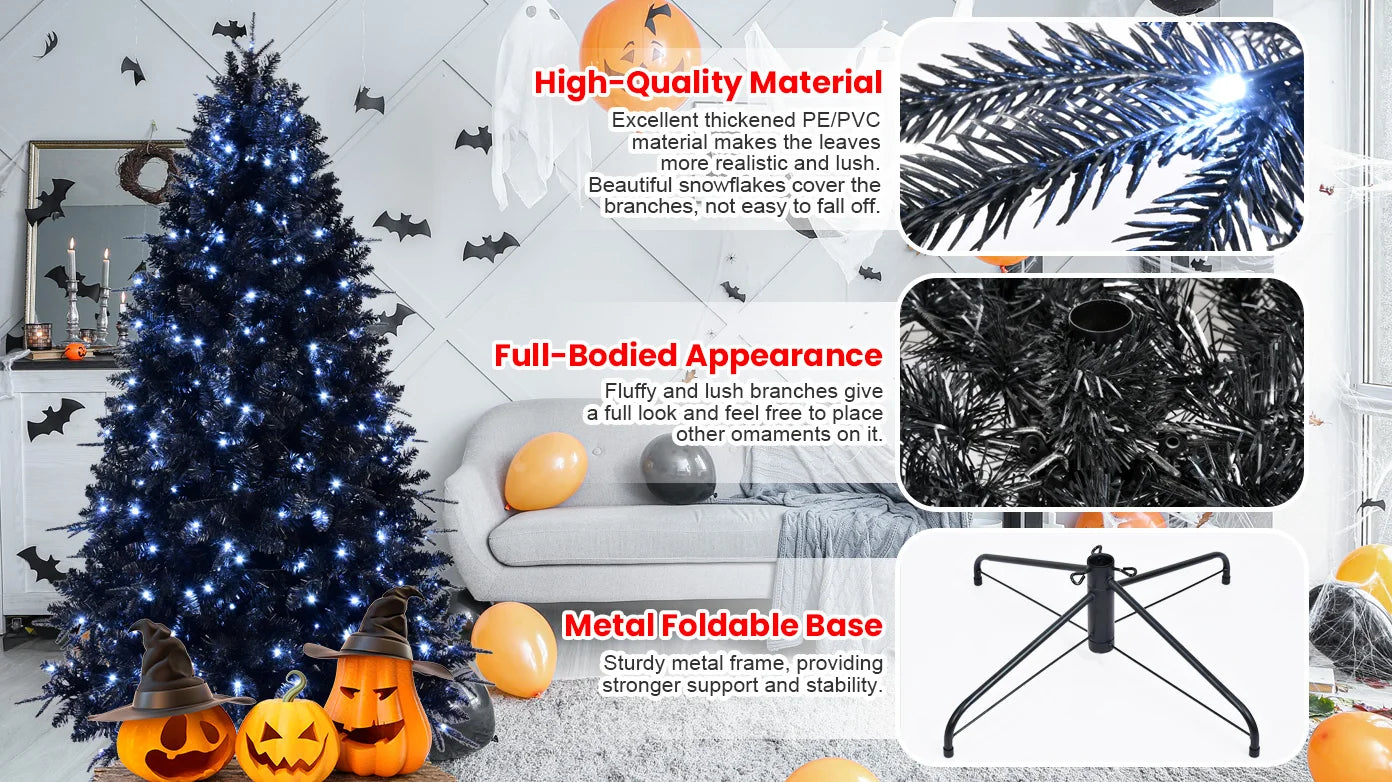 7FT Pre-Lit Black Artificial Christmas Tree with 450 LED Lights . Luxury Holiday Décor