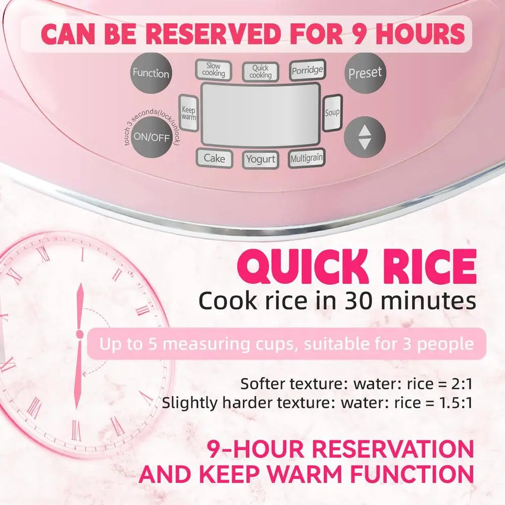 Heart Shape Rice Cooker 8 Cup Cooked 4 Cup Uncooked Multifunctional Kitchen Gadget Timer Porridge Stew Soup Cake Yogurt Steamer