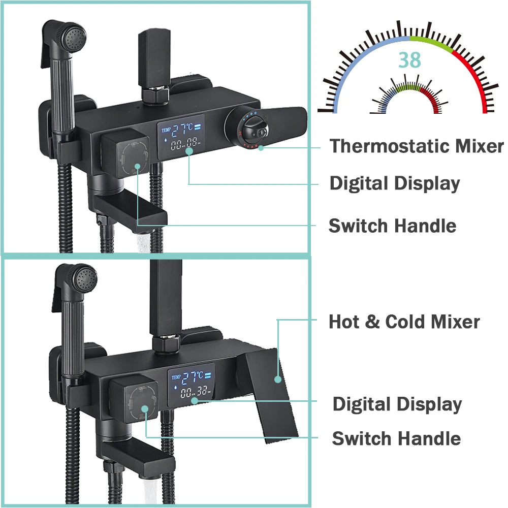 Black Digital Display Thermostatic Shower Faucet 4 Way