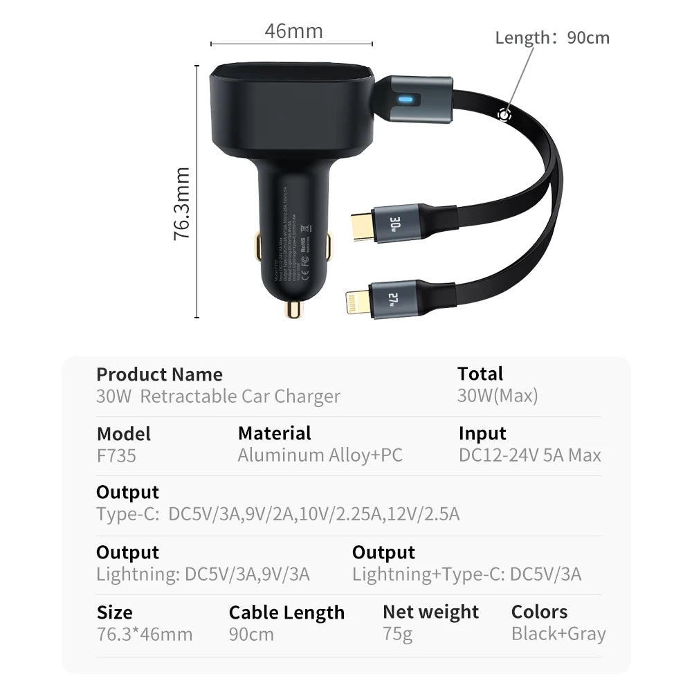 New Retractable Line Mobile Phone Car Charger Cigarette End Port Car Charging Point Super Fast Charging Xiaomi Huawei Apple 15