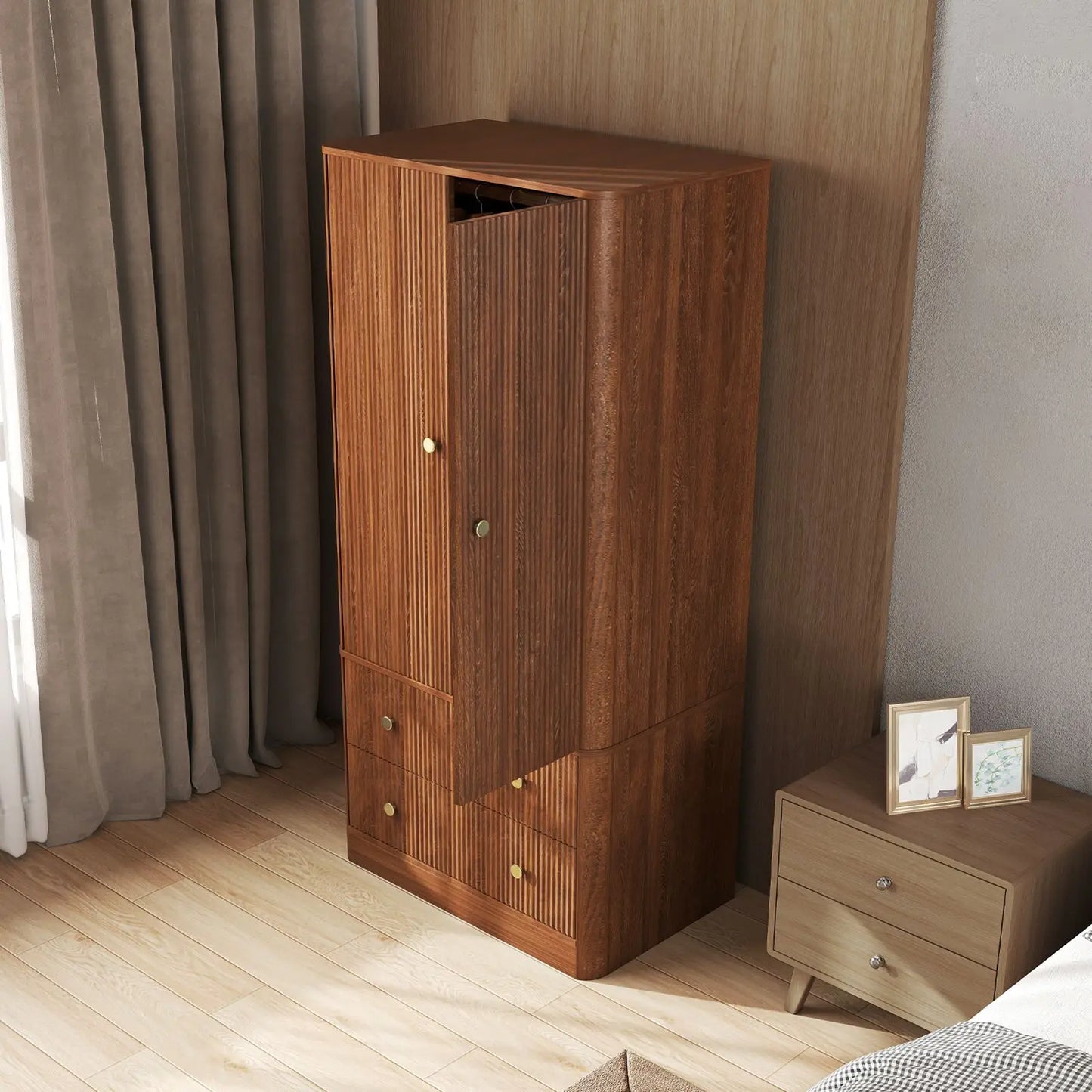 Clothing Wardrobe 2 Doors 2 Drawers Elegant Wooden Freestanding Storage Cabinet for Bedroom Living Room Office Walnut