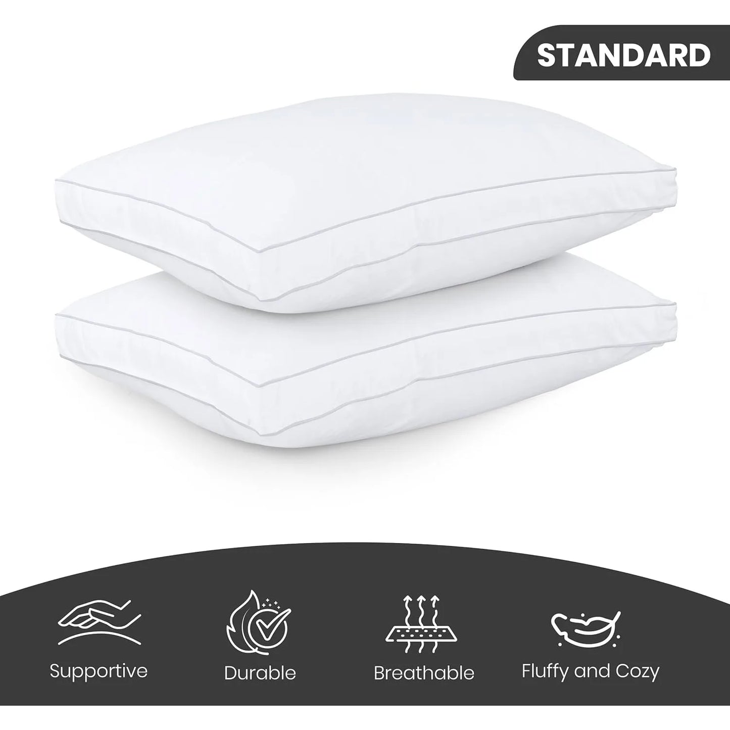 Bed Pillows for Sleeping Standard Size (White),Set of 2,Cooling Hotel Quality,Gusseted Pillow for Back, Stomach or Side Sleepers