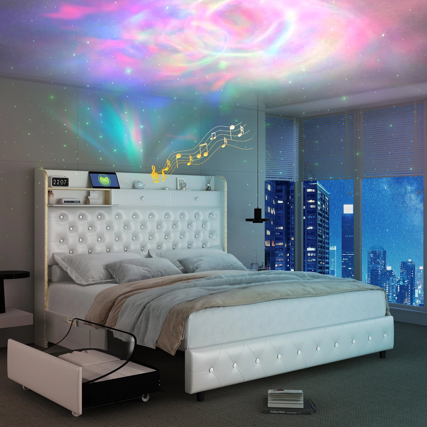 LED Bed Frame with Galaxy Star Projector, 2 Drawers, 52" PU Headboard with Charging Station, Noise Free, No Box Spring
