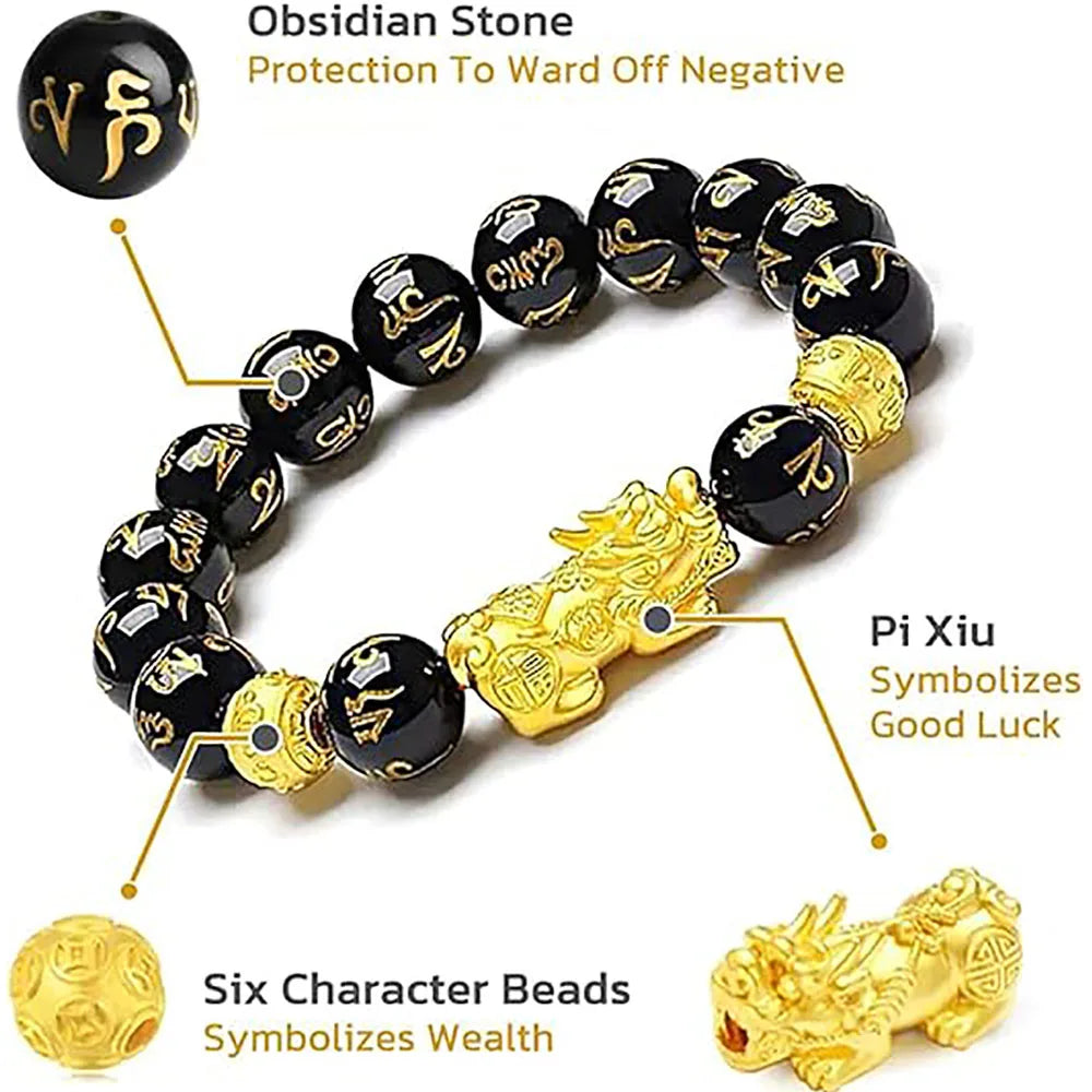 Feng Shui Wealth & Luck Black Bead Bracelet with Gold-Tone Accents
