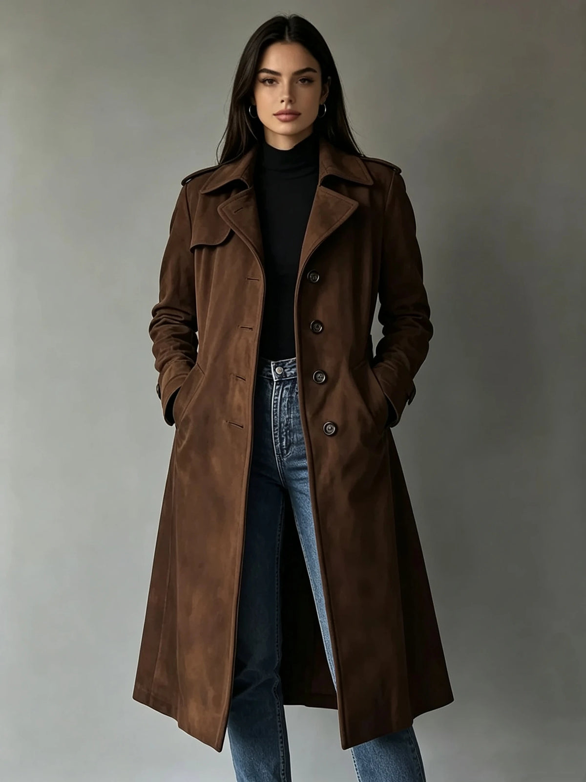 Women's Mid-Length Suede Coat. Elegant Collared Autumn & Winter Jacket