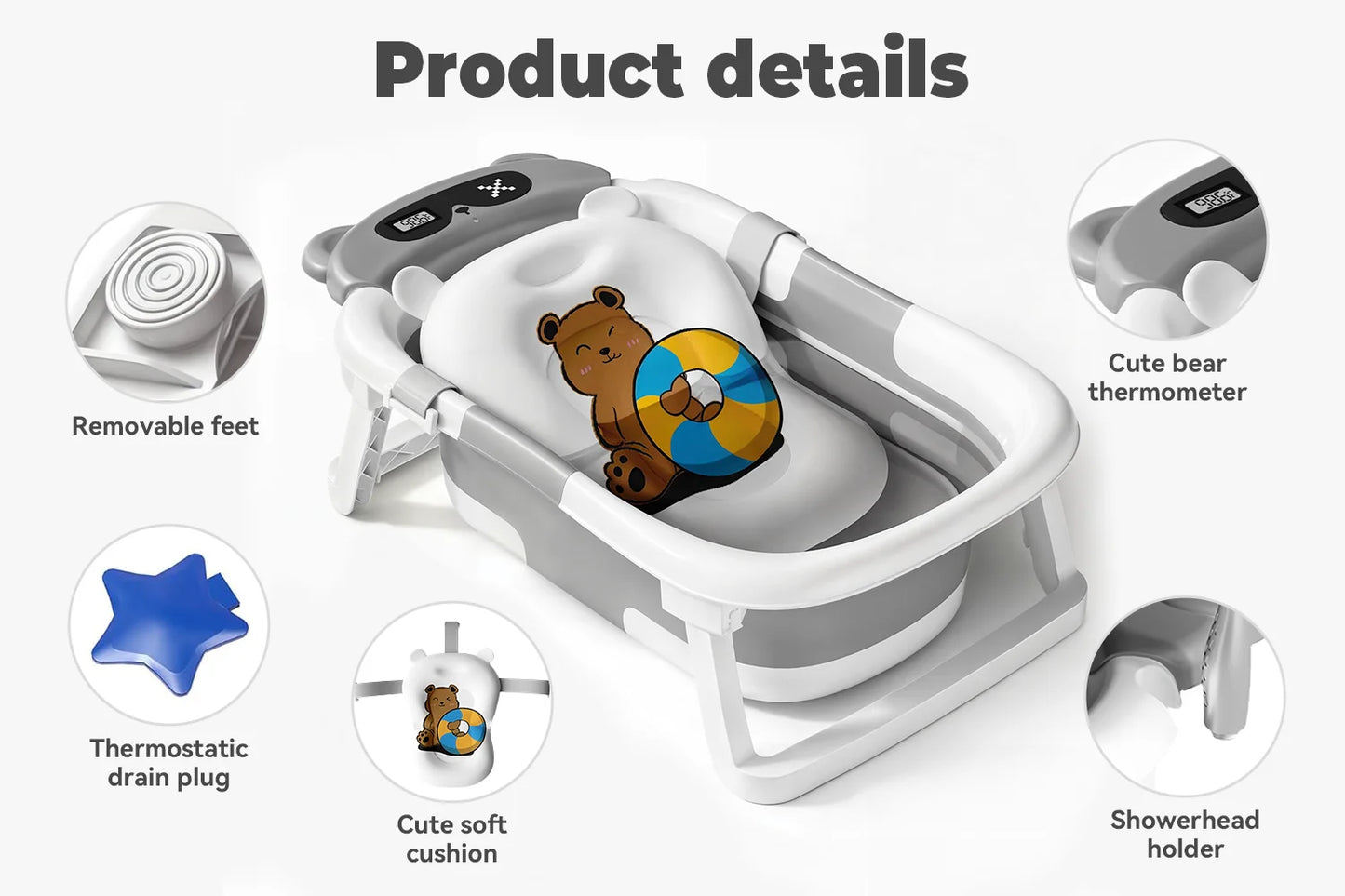 Baby Tub With Soft Cushion And Thermometer Foldable Baby Bathtub With Drain Hole Durable Foldable Baby Bath Tub Newborn To Toddl