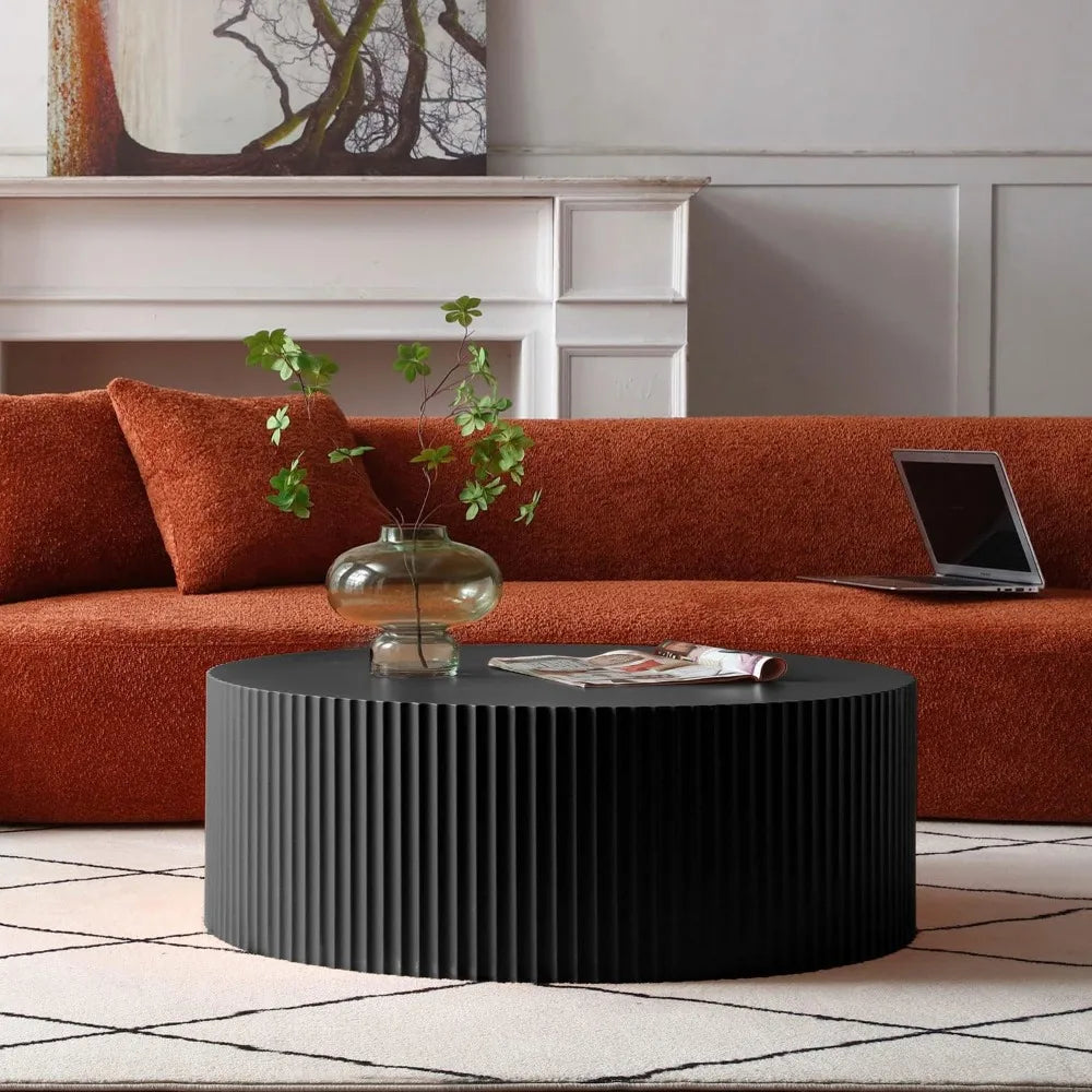 Round Coffee Table, Modern Black Side Table End Table for Living Room, Wood Circle Drum Coffee Table with Handcrafted Relief,