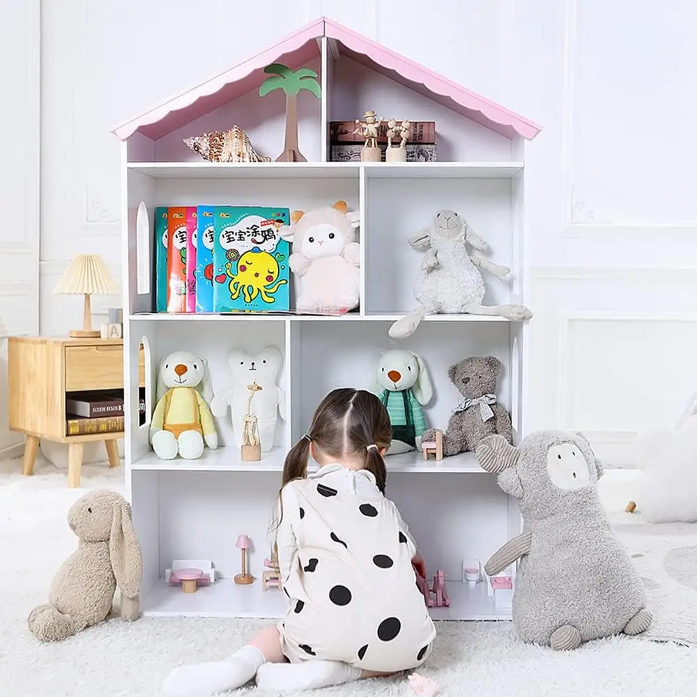 Wooden Dollhouse Bookshelf 4-Tier Children's Bookcase Display Storage Doll House Organizer Furniture for Kids Bedroom Playroom N