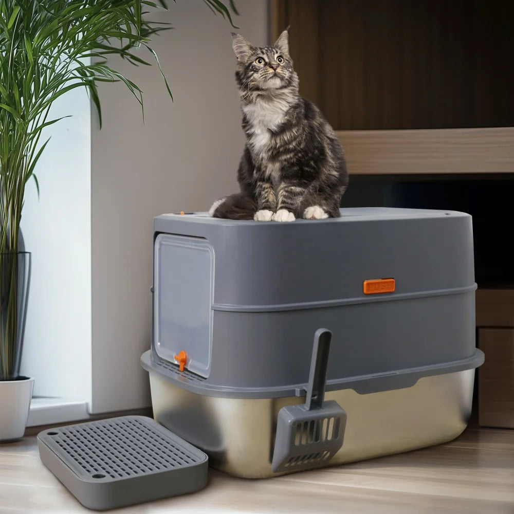 Extra Large Stainless Steel Cat Litter Box Full Enclosed Cat Litter Tray Pan High Sided Enclosure Removable Lid with Scoop