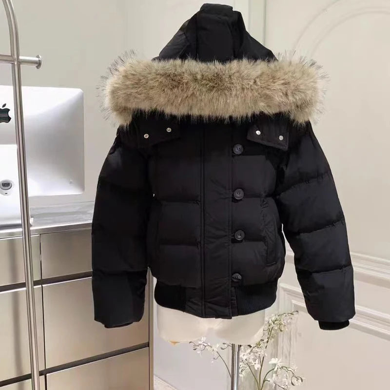 Women's Hooded Winter Puffer Jacket. Thick Padded Coat with Faux Fur Trim