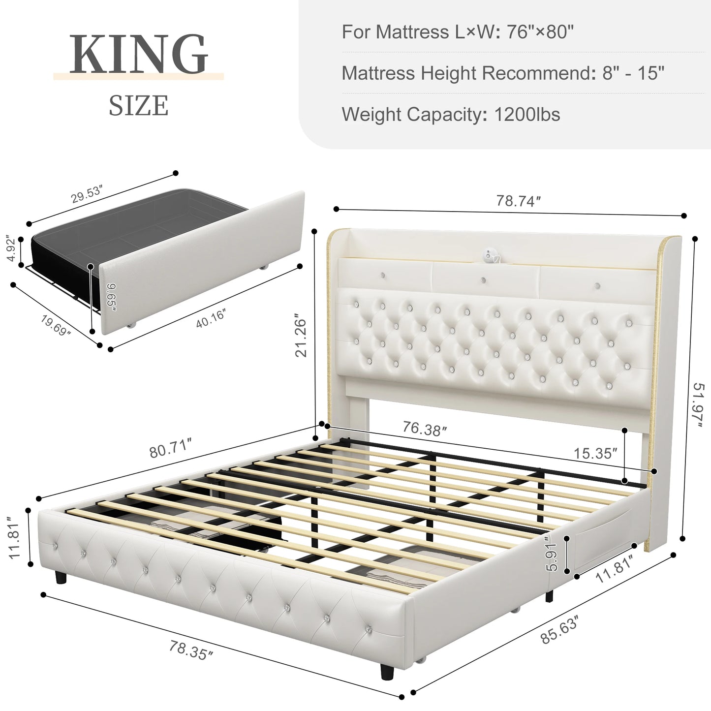 LED Bed Frame with Galaxy Star Projector, 2 Drawers, 52" PU Headboard with Charging Station, Noise Free, No Box Spring