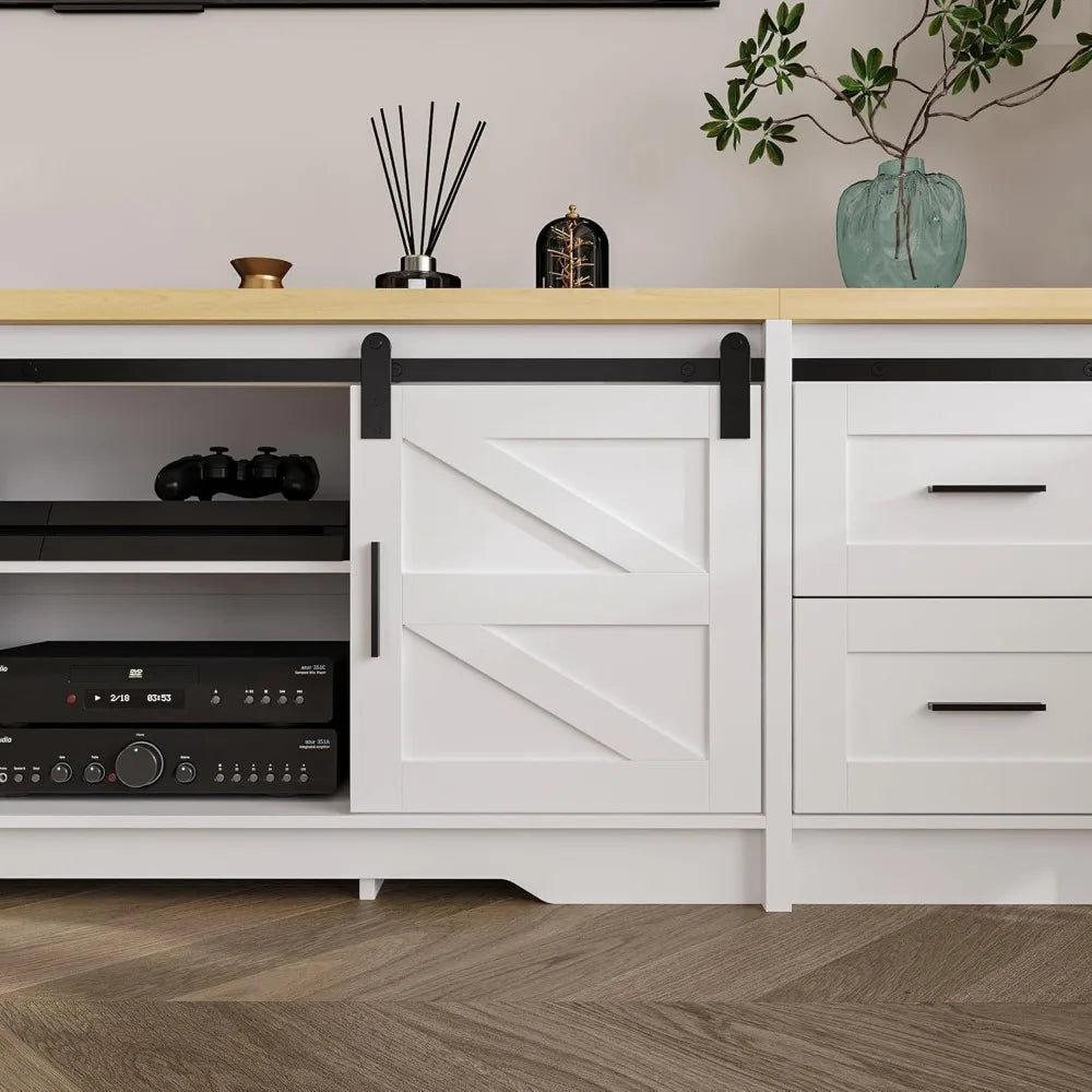 Farmhouse TV Stand for 100" TV, 94.5" Entertainment Center with Storage Drawers, Barn Doors and Cable Management, Media