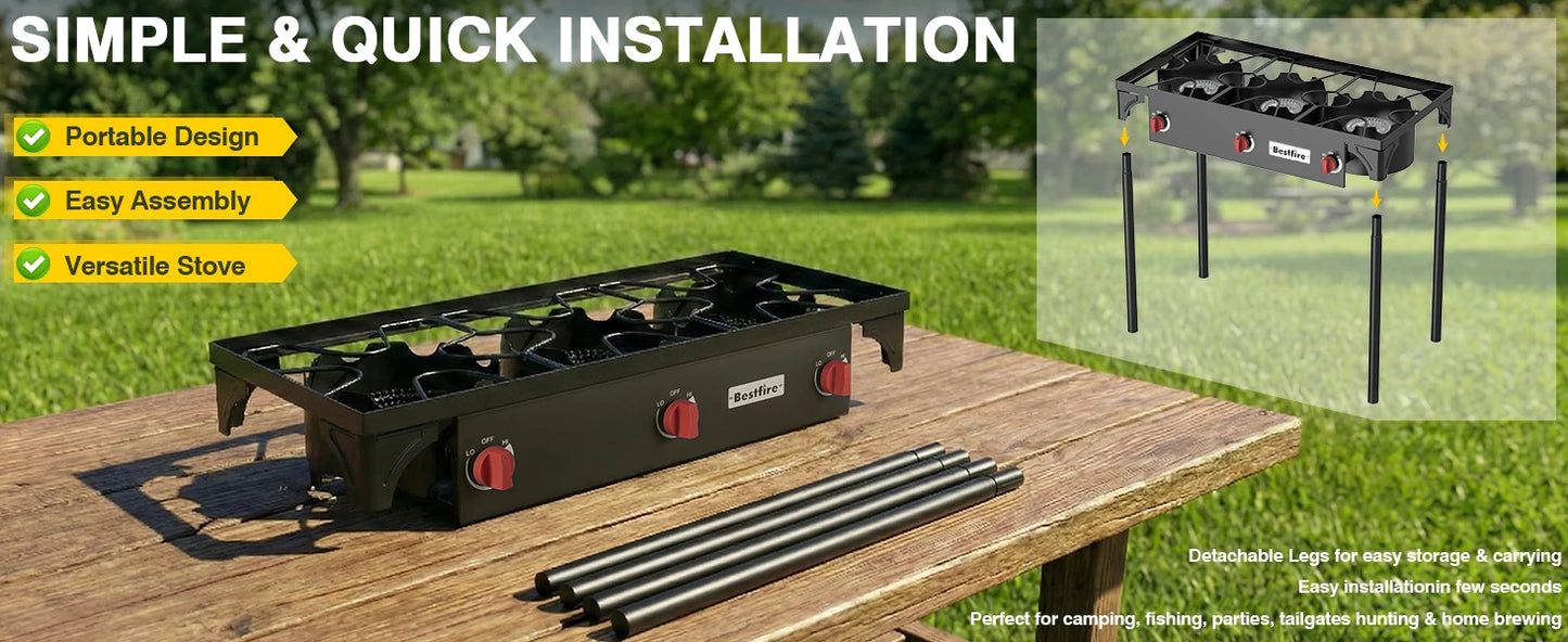 3 Burner Propane Camping Stove with Regulator . High Power Outdoor Gas Cooker for Camping, Tailgating & Backyard Cooking Description