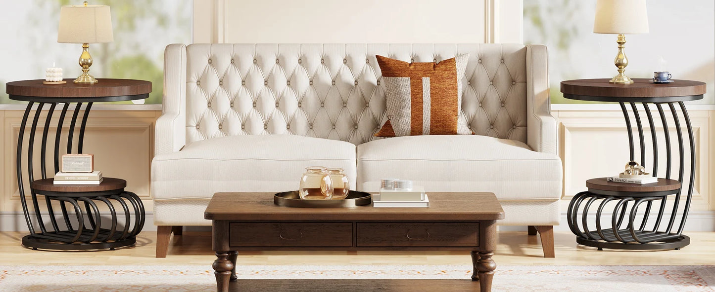 Round End Side Table: Side Table with 2 Tiers Storage Shelves, Small Bedside Table Accent Table with Arc-Shaped Frame