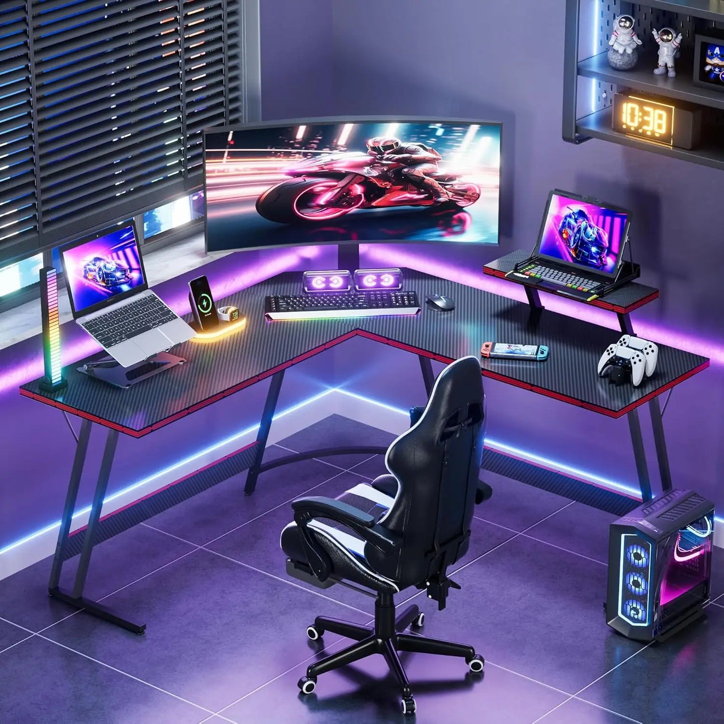 L Shaped Gaming Desk Computer Corner Desk PC Gaming Desk Table with Large Monitor Riser Stand for Home Office Sturdy Writing