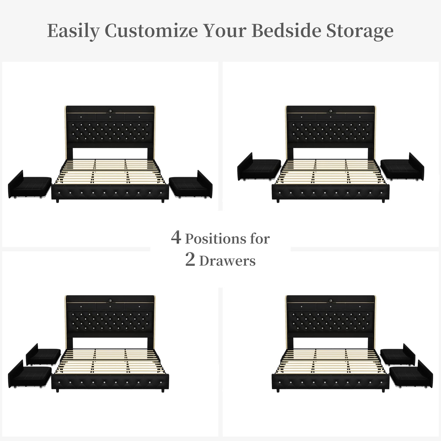 LED Bed Frame with Galaxy Star Projector, 2 Drawers, 52" PU Headboard with Charging Station, Noise Free, No Box Spring