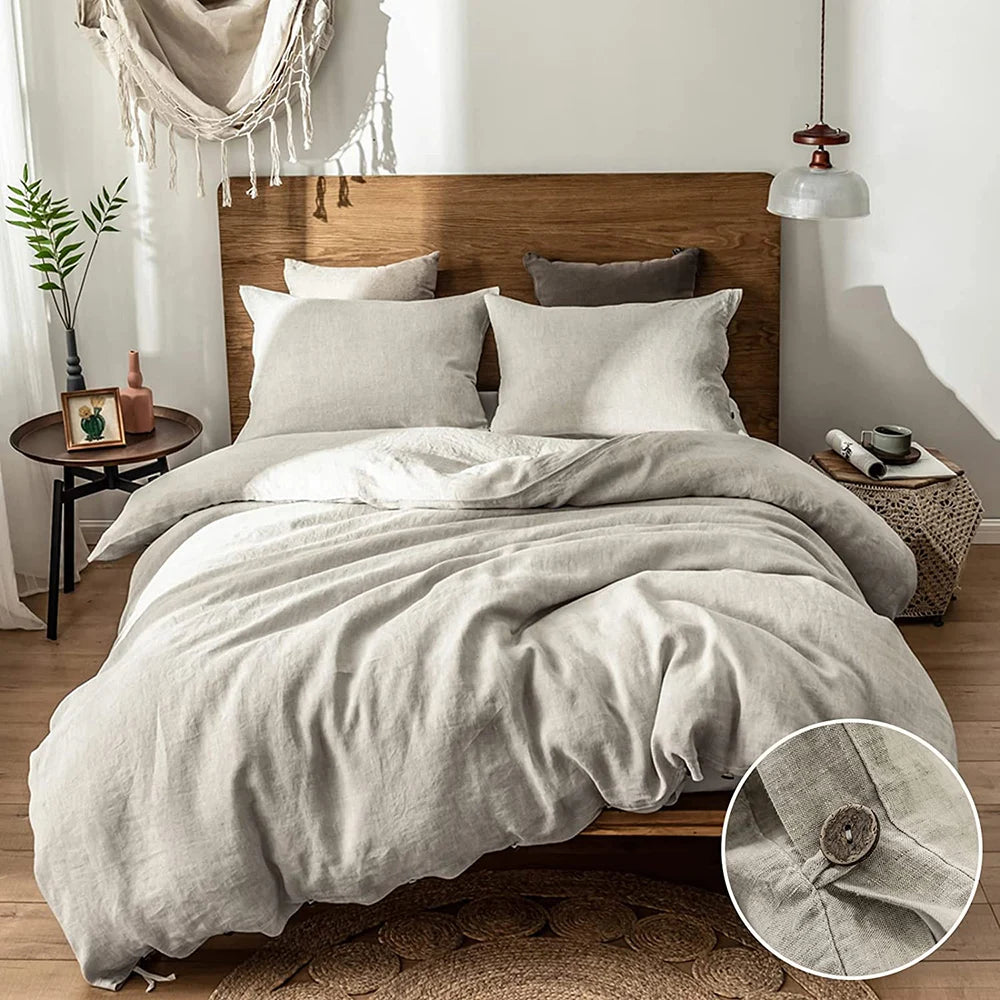 Simple&Opulence 100% Linen 3Pcs Bedding Set Natural Flax Breathable King Size with Coconut Button Comforter Duvet Cover Set