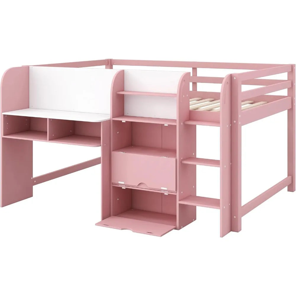 Full Size Low Loft Bed,Kids Loft Bed with Storage Cabinets and Open Bookcase,No Box Spring Need, Solid Wood Low Loft Bed Frame .