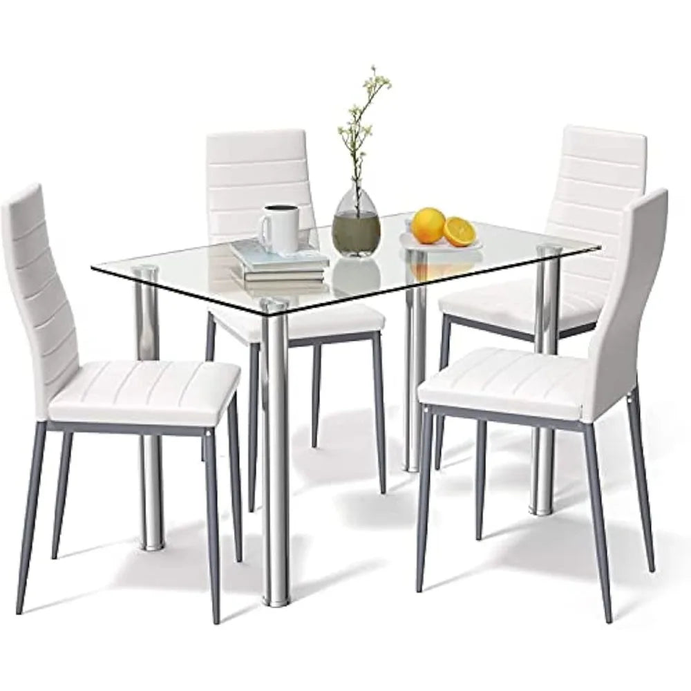 Fireflowery 5 Piece Dining Table Set w/Tempered Glass Table & High Backrest Chair,Steel Frame Restaurant Kitchen Table and Chair