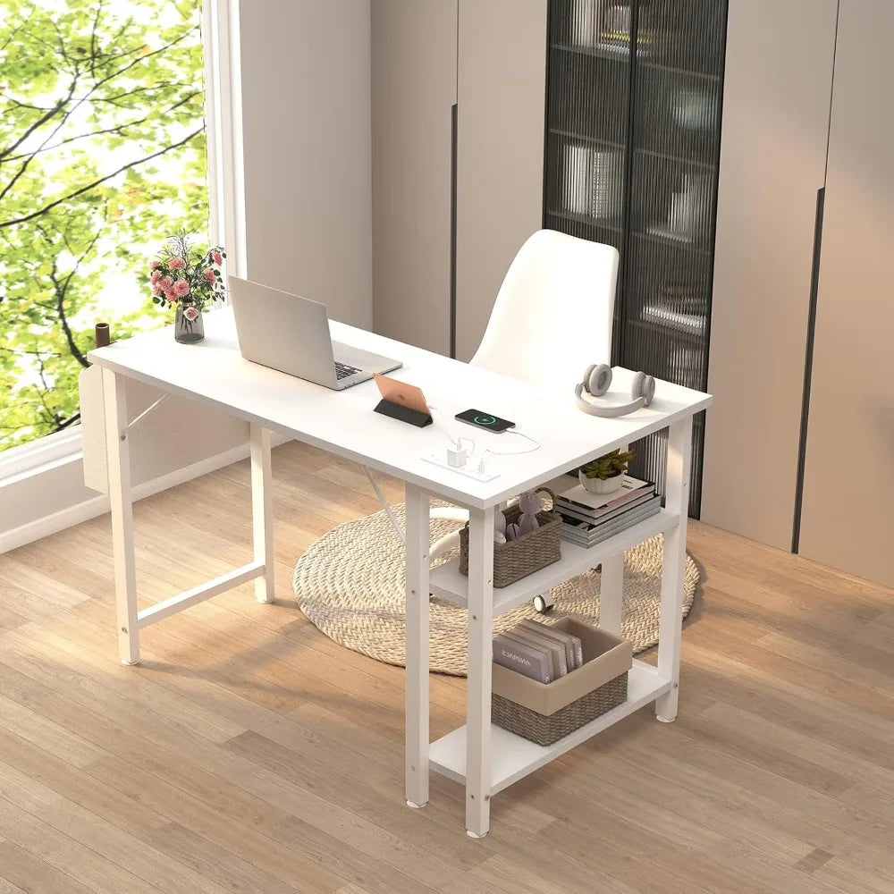 Brand new White L Shaped Computer Desk with Power Outlet Shelves, 40 Inch Small Reversible Corner Desk