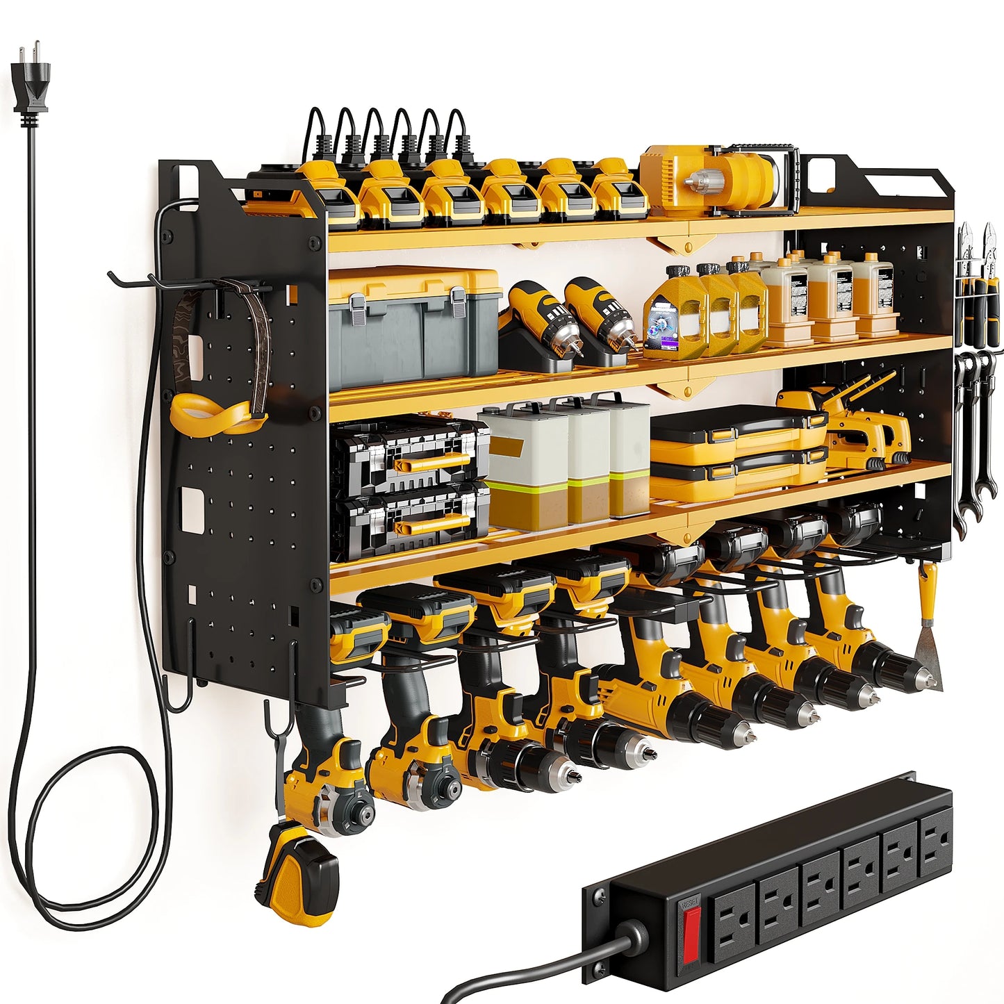 4 Layer Power Tool Organizer Wall Mount With Charging Dock