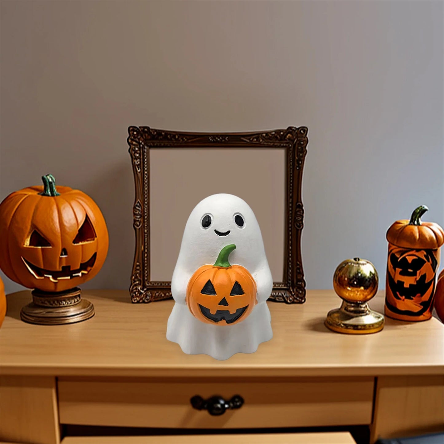 Spooky Halloween Resin Figurines Set Mini Witch Black Cat Pumpkin Ghost Collectibles Haunted House Decorations