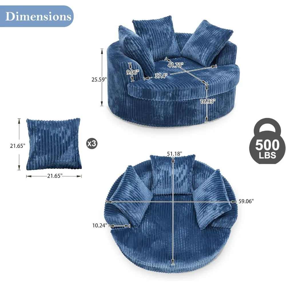 59 Inch Oversized Chaise Lounge Chair Indoor, Round Corduroy Chaise Lounge Sofa Bed with Throw Pillows and Backrest, Plush Sleep