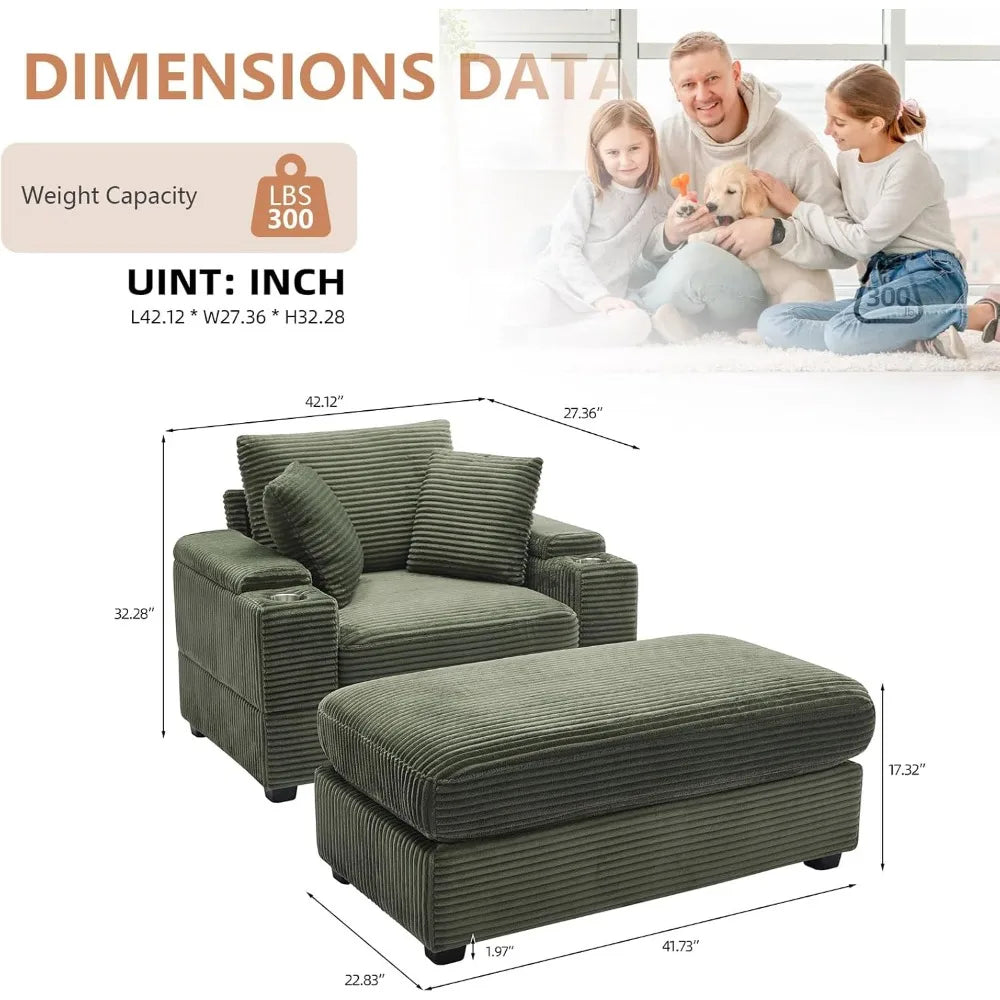 50" Oversized Chaise Lounge Chair Indoor with Ottoman and Storage, Deep Seat Upholstered reading Chair, Comfy Corduroy Sleeper C