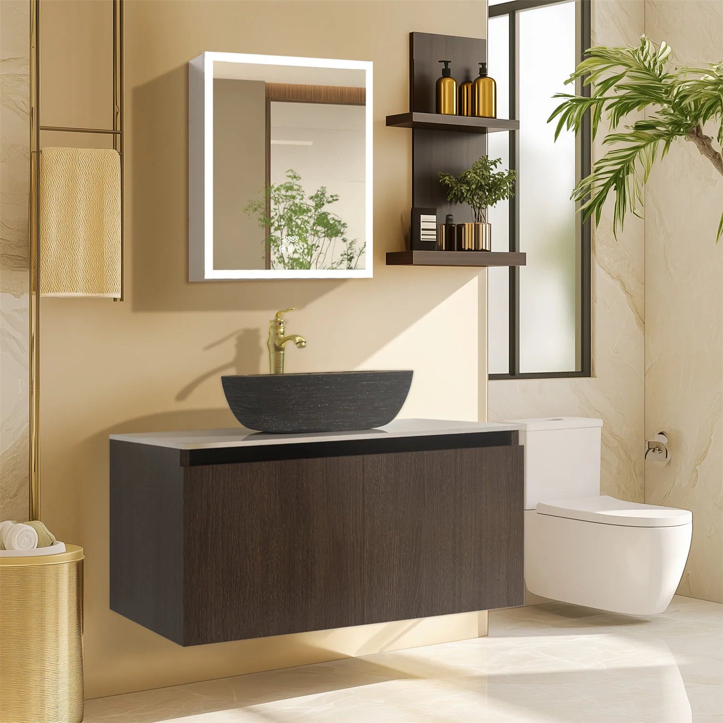 Floating Vanity Bathroom with Sink Combo, Wall Mounted Modern Vanity, Bathroom Cabinet Vanity with Sink Ceramic Basin Faucet