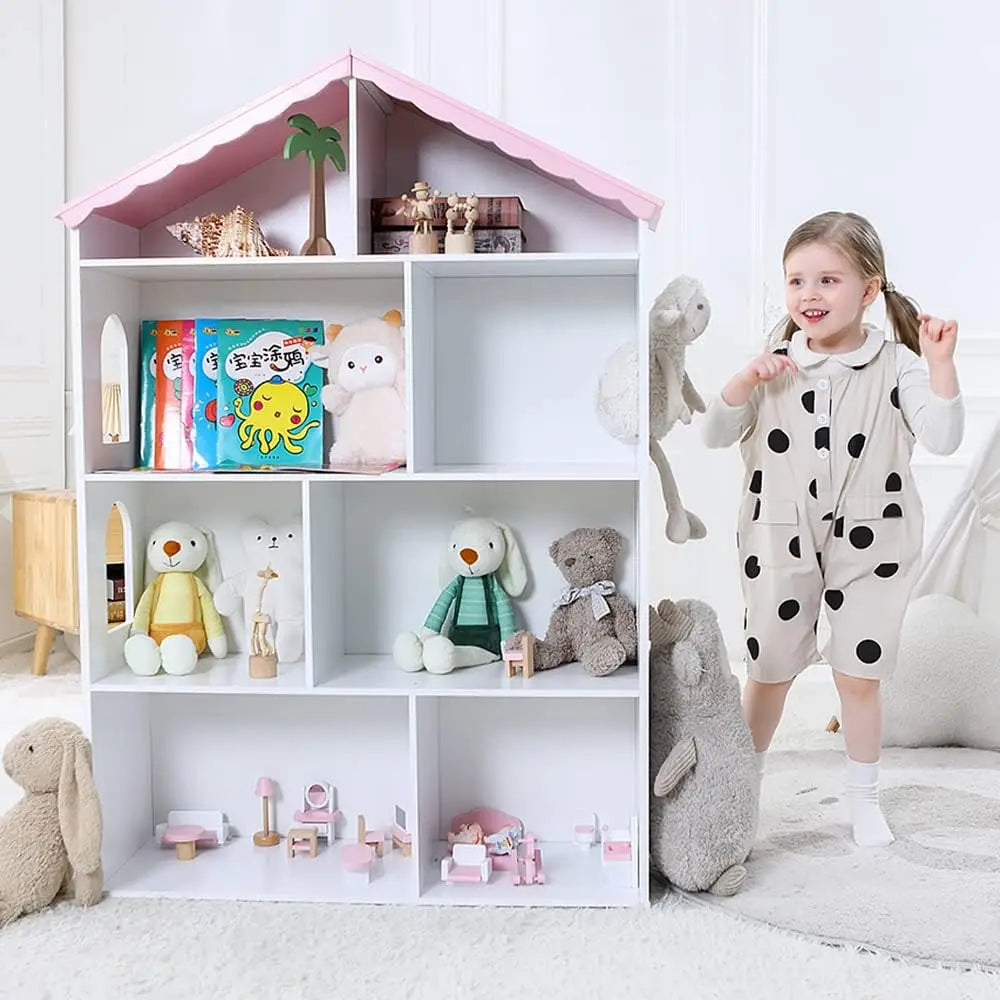 Wooden Dollhouse Bookshelf 4-Tier Children's Bookcase Display Storage Doll House Organizer Furniture for Kids Bedroom Playroom N