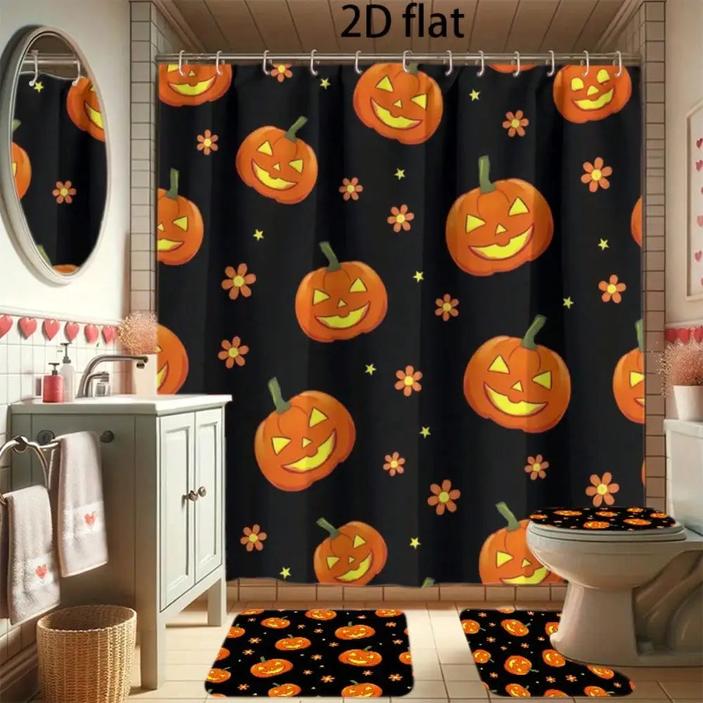 4-Piece Halloween Pumpkin Bathroom Decor Set .Jack-O’-Lantern Shower Curtain, Bath Mat & Toilet Cover