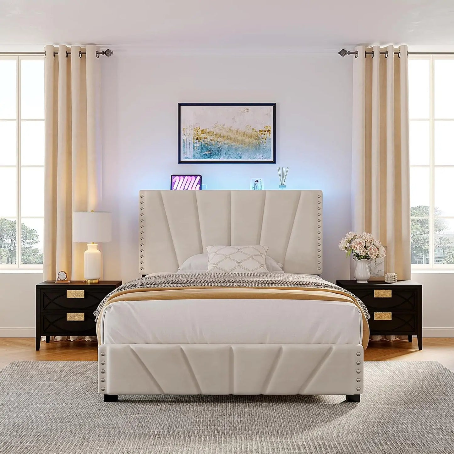 Queen Bed Frame With Velvet Headboard And LED Lights