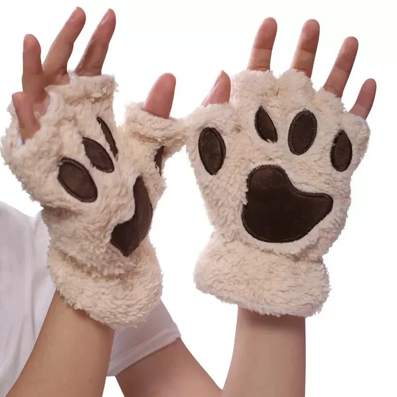 Lovely Plush Cat Claw Paw Gloves Short Fingerless Mittens
