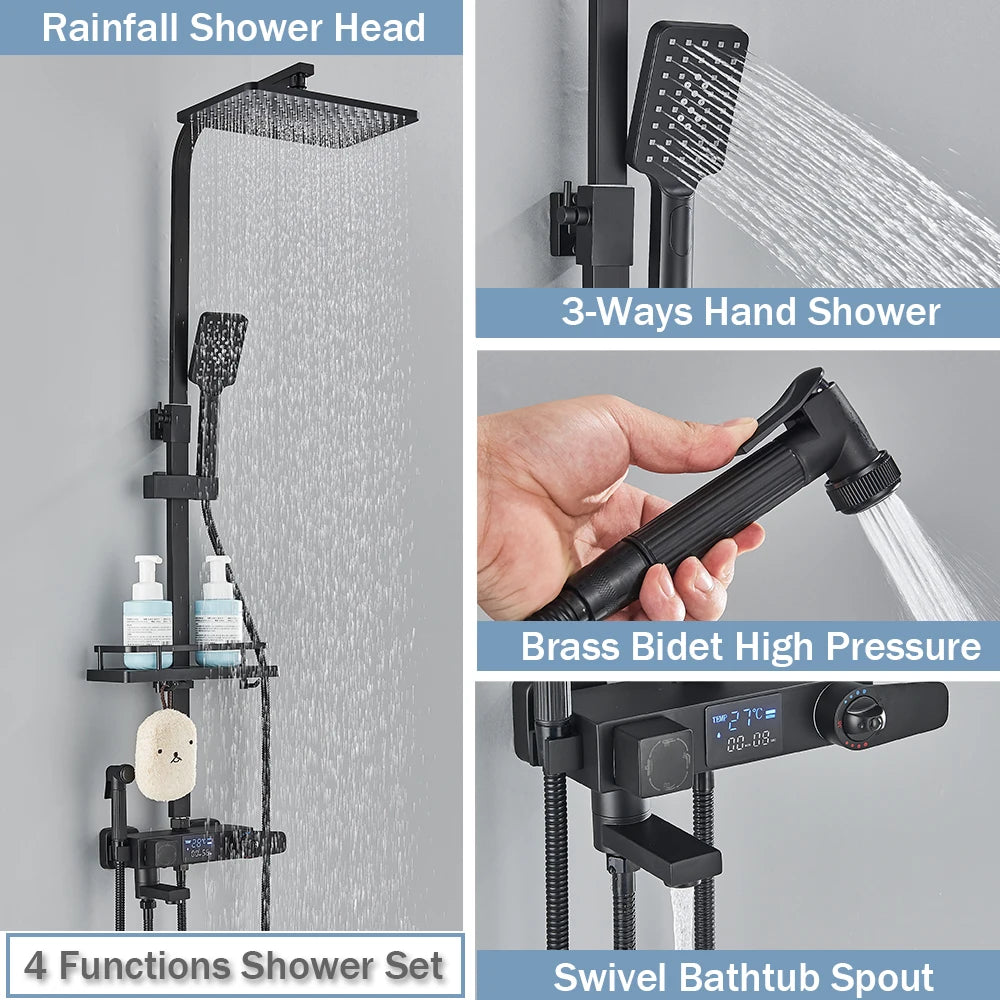 Black Digital Display Thermostatic Shower Faucet 4 Way