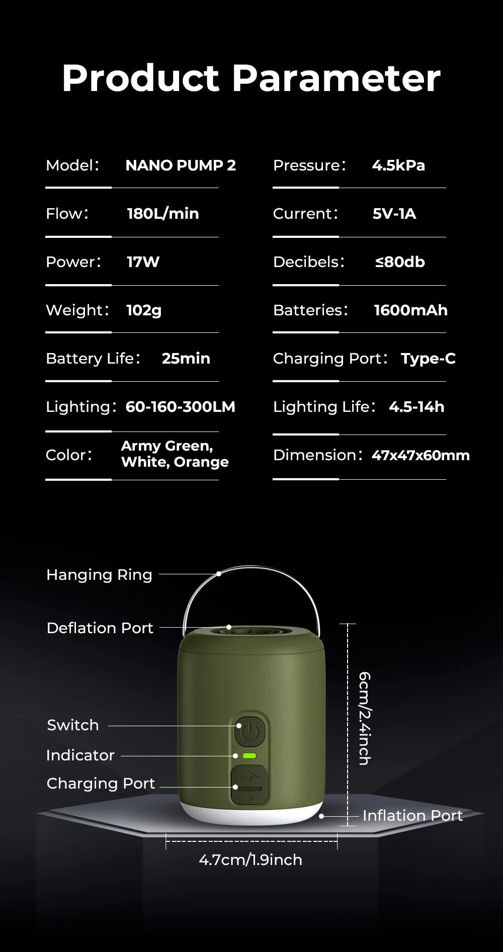 WESTTUNE Mini Air Pump with Camping Lantern – Rechargeable Portable Air Pump for Air Mattresses, Sleeping Pads & Outdoor Adventures