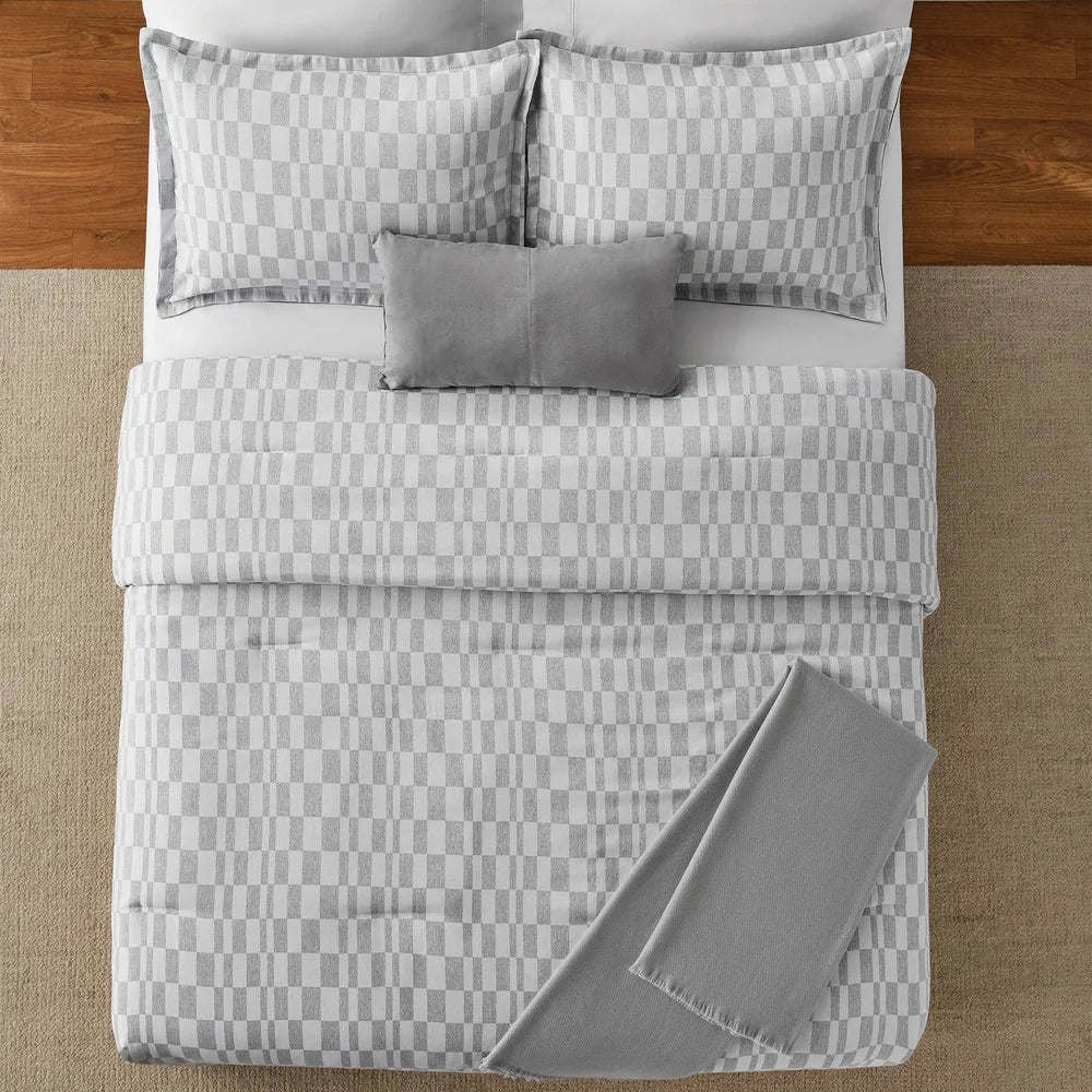 5 Piece Soft Grey Checkered Comforter Set Full Queen