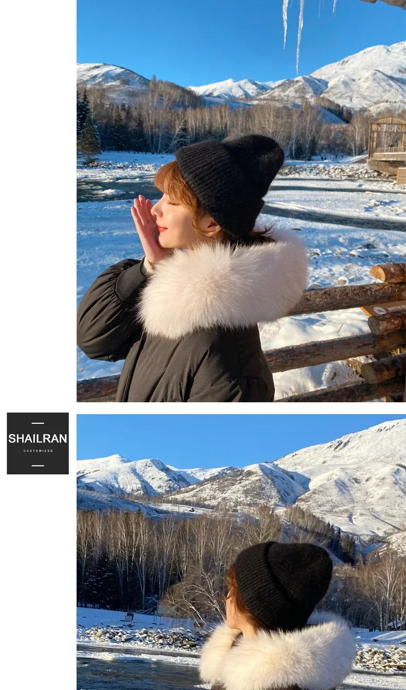 Warm Cashmere Wool Skullies Beanie For Women Rabbit Fur